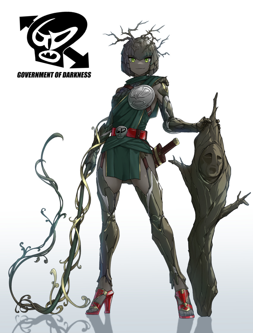 1girl belt character_request check_copyright colored_skin copyright_request eidenjyou1997 full_body gradient_background green_eyes high_heels highres holding holding_whip kaijin kamen_rider_x looking_at_viewer monster_girl personification plant_girl short_hair solo standing tree_bark whip