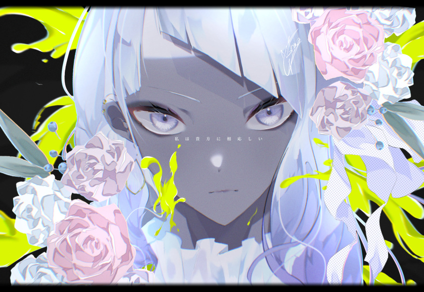 1girl blue_eyes close-up colored_skin expressionless flower goma_irasuto grey_skin highres long_hair looking_at_viewer original pink_flower pink_rose rose shirt solo translation_request upper_body white_flower white_hair white_rose white_shirt white_theme