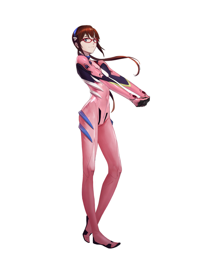 1girl adjusting_eyewear artist_request blue_collar blue_eyes blue_hairband brown_hair collar covered_navel evangelion:_2.0_you_can_(not)_advance final_gear full_body glasses hairband highres legs long_hair long_legs looking_at_viewer makinami_mari_illustrious narrow_waist neon_genesis_evangelion number_print numbered official_art outstretched_arms pilot_suit pink_background rebuild_of_evangelion red-framed_eyewear science_fiction simple_background skin_tight skinny smile solo stretching tachi-e third-party_source transparent_background two-tone_sleeves