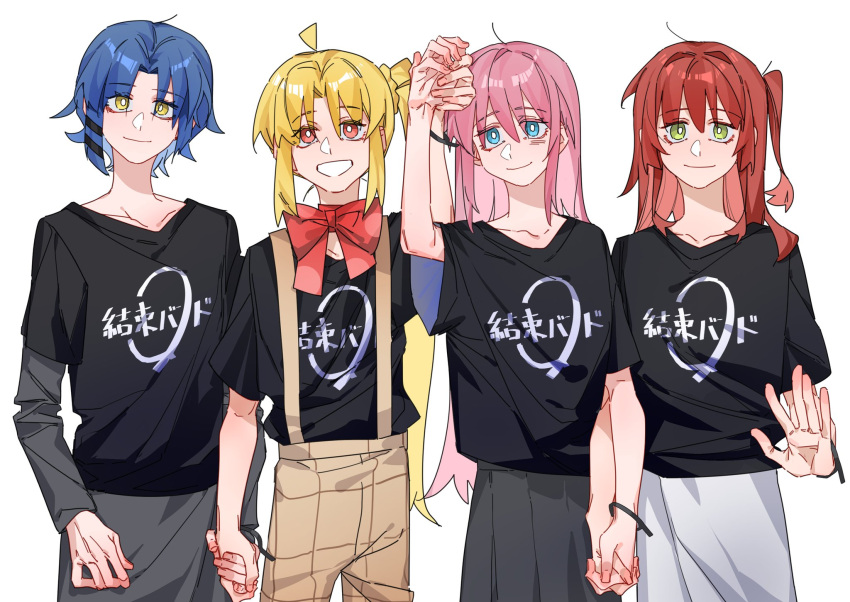 4girls ahoge asymmetrical_hair black_shirt black_skirt blonde_hair blue_eyes blue_hair bocchi_the_rock! bow bowtie bright_pupils cable cable_tail chinese_commentary closed_mouth commentary_request cowboy_shot gotoh_hitori green_eyes grin hair_ornament hairclip hand_up highres holding_hands ijichi_nijika interlocked_fingers kessoku_band_t-shirt kita_ikuyo layered_sleeves long_hair long_sleeves mechanical_tail molu_stranger multiple_girls one_side_up overalls pink_hair red_bow red_bowtie red_eyes redhead shirt short_hair short_over_long_sleeves short_sleeves side_ponytail simple_background skirt smile tail white_background white_pupils white_skirt yamada_ryo yellow_eyes yuri