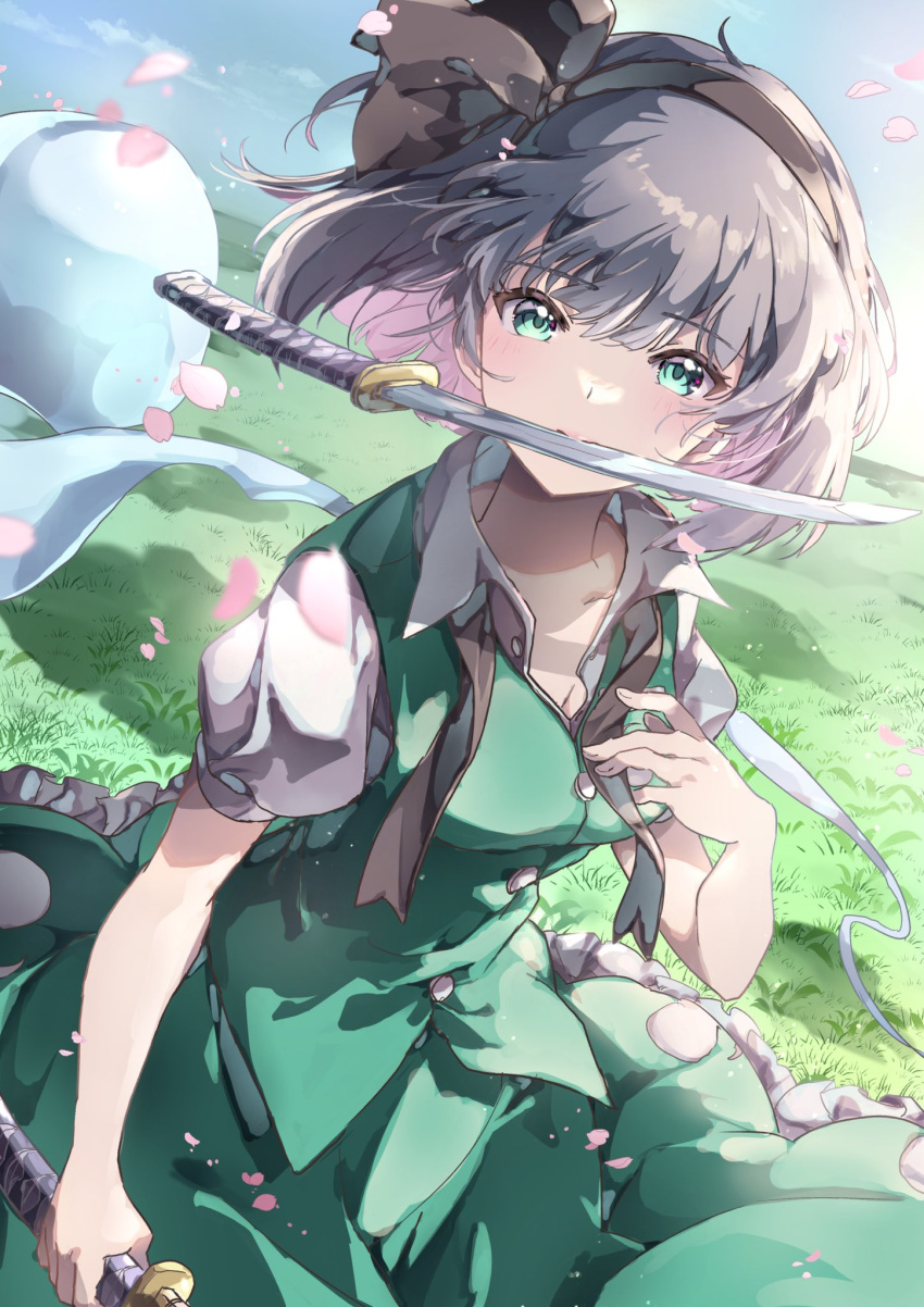 1girl black_hairband black_ribbon breasts buttons clouds collarbone collared_shirt commentary floating_hair frilled_skirt frills grass green_eyes green_skirt green_vest hair_ribbon hairband highres holding holding_sword holding_weapon konpaku_youmu konpaku_youmu_(ghost) looking_at_viewer medium_breasts medium_hair nanop38 neck_ribbon outdoors petals puffy_short_sleeves puffy_sleeves ribbon shirt short_sleeves skirt skirt_set sky solo sword touhou undone_neck_ribbon upper_body vest weapon white_hair white_shirt