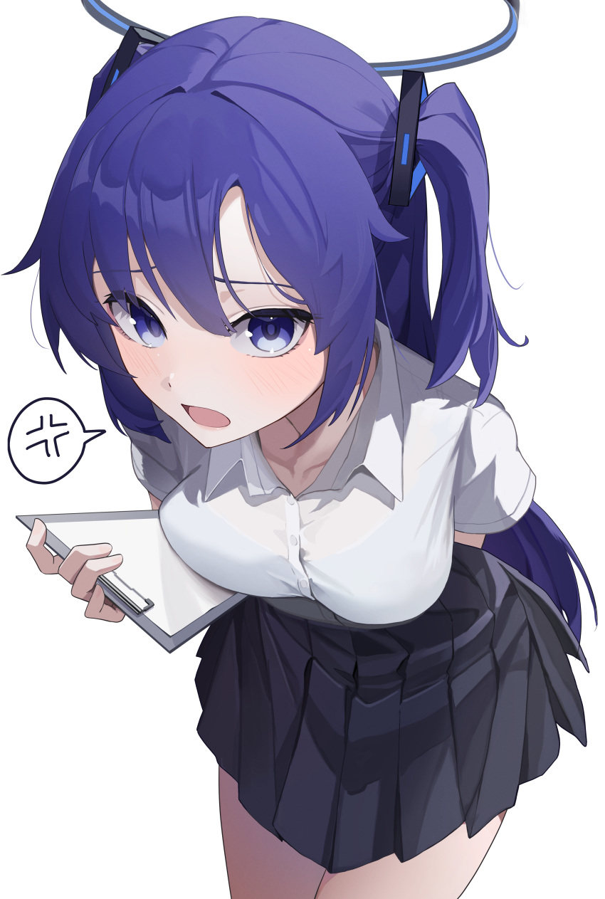 1girl absurdres anger_vein arm_behind_back black_halo black_skirt blue_archive clipboard collarbone collared_shirt furrowed_brow halo highres holding holding_clipboard leaning_forward long_hair looking_at_viewer open_mouth pleated_skirt purple_hair shirt skirt spoken_anger_vein sukoyaka_konbu two_side_up very_long_hair violet_eyes white_background white_shirt yuuka_(blue_archive)
