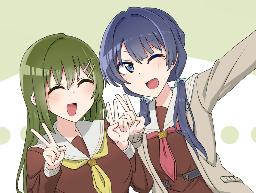 2girls blue_eyes blue_hair blue_ribbon breasts brown_cardigan brown_dress cardigan commentary double_v dress green_background green_hair hair_ornament hair_over_shoulder hair_ribbon hairclip hand_out_of_frame hasu_no_sora_school_uniform highres large_breasts link!_like!_love_live! long_hair long_sleeves love_live! low_twintails mole mole_on_neck multiple_girls murano_sayaka neckerchief oogami_sachi open_cardigan open_clothes open_mouth red_neckerchief ribbon sailor_collar sailor_dress school_uniform selfie small_breasts tetetsu_(yuns4877) twintails two-tone_background upper_body v white_background white_sailor_collar winter_uniform yellow_neckerchief