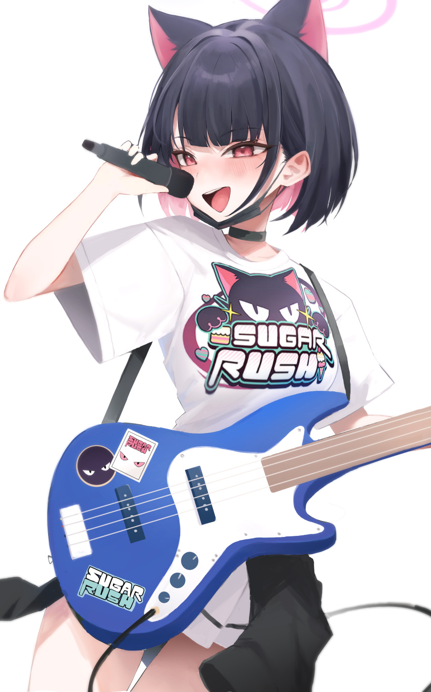 1girl :d absurdres animal_ears black_choker black_hair blue_archive blunt_bangs blush cat_ears choker clothes_writing colored_inner_hair commentary cowboy_shot english_text extra_ears guitar halo hand_up happy highres holding holding_microphone instrument kazusa_(band)_(blue_archive) kazusa_(blue_archive) looking_afar microphone mukana_meme multicolored_hair open_mouth pink_hair pink_halo red_eyes round_teeth shirt short_hair short_sleeves simple_background smile solo straight_hair teeth tsurime upper_teeth_only white_background white_shirt