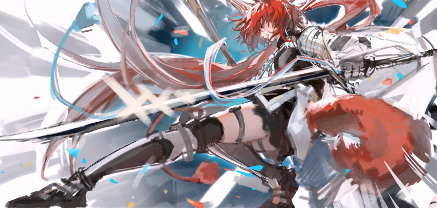 1girl animal_ears arknights belt black_footwear black_shirt black_skirt black_thighhighs brown_eyes character_request chinese_commentary commentary_request confetti emphasis_lines fighting_stance fox_ears fox_tail full_body gleam gloves grey_belt grey_gloves highres holding holding_sword holding_weapon jacket kneepits long_hair long_sleeves low_twintails miniskirt open_mouth redhead shirt shoes skirt solo sword tail teeth thigh-highs thigh_belt thigh_strap twintails upper_teeth_only very_long_hair weapon white_background white_jacket white_sleeves yuziwen025