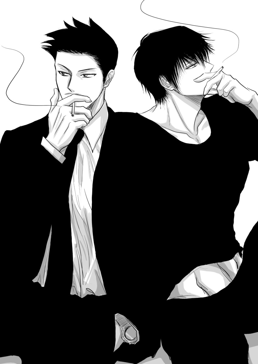 2boys absurdres artist_request black_hair cowboy_shot facial_hair fushiguro_touji greyscale highres jujutsu_kaisen looking_to_the_side male_focus mature_male midriff_peek monochrome multiple_boys mustache_stubble scar scar_on_face scar_on_mouth shirt shiu_kong short_hair side-by-side sideburns_stubble sitting smoking spiky_hair stubble t-shirt toned toned_male