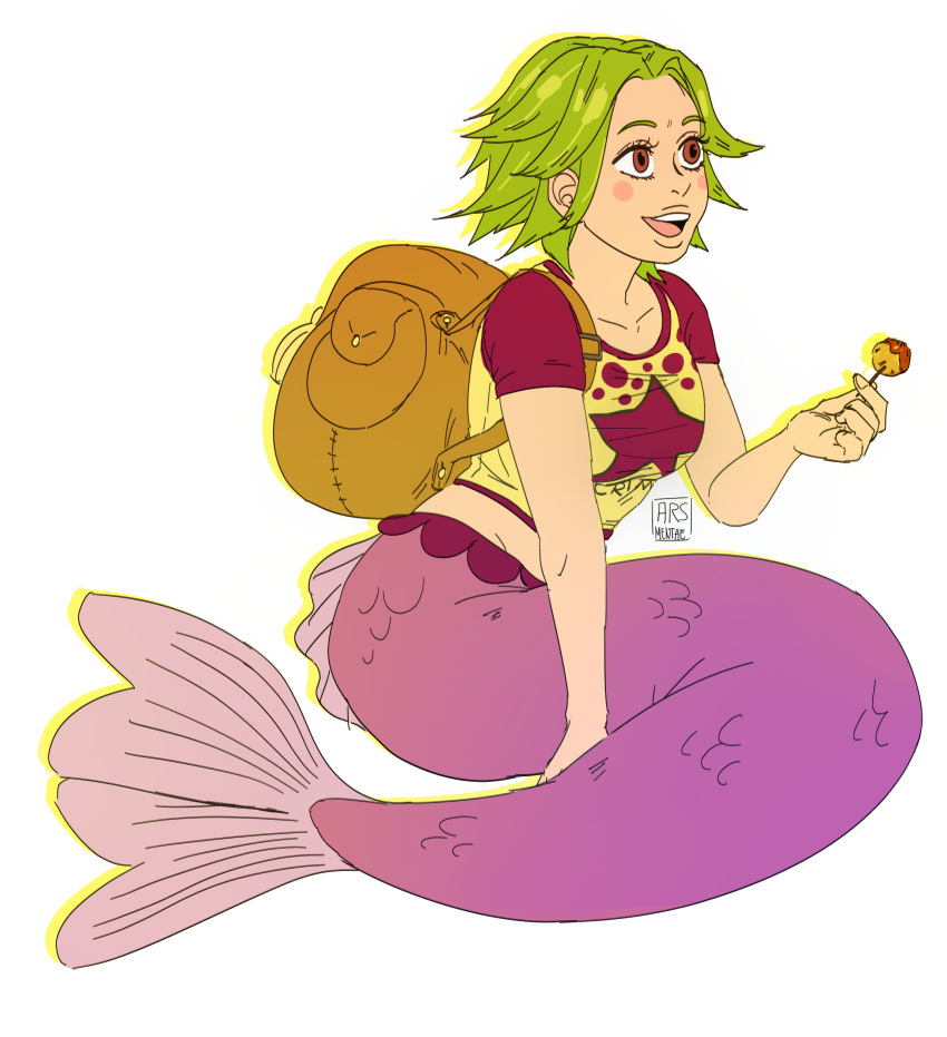 1girl arsmentae bag blush_stickers camie_(one_piece) crop_top english_commentary food full_body green_hair highres holding holding_food looking_to_the_side mermaid monster_girl one_piece pink_shirt shirt short_hair shoulder_bag simple_background smile solo takoyaki watermark white_background yellow_shirt