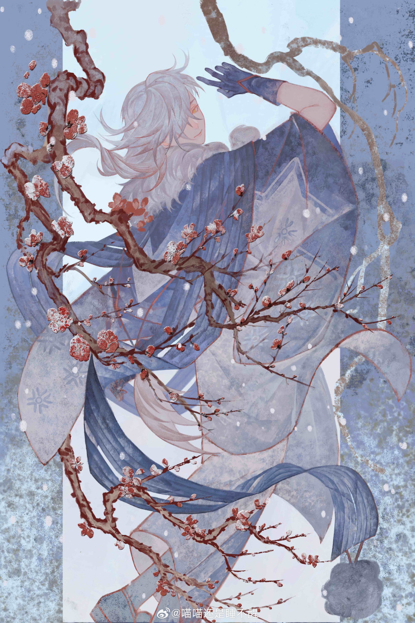 1boy absurdres black_gloves blue_border blue_scarf border branch calendulamew closed_mouth feet_out_of_frame flower from_behind gloves hair_over_one_eye haori highres ichimoku_ren_(onmyoji) jacket japanese_clothes kimono long_hair long_sleeves looking_at_viewer looking_back male_focus official_alternate_costume official_art onmyoji outside_border pillarboxed plum_blossoms pom_pom_(clothes) red_flower scarf smile snow snowflake_print solo white_hair white_jacket white_kimono wide_sleeves winter yellow_eyes