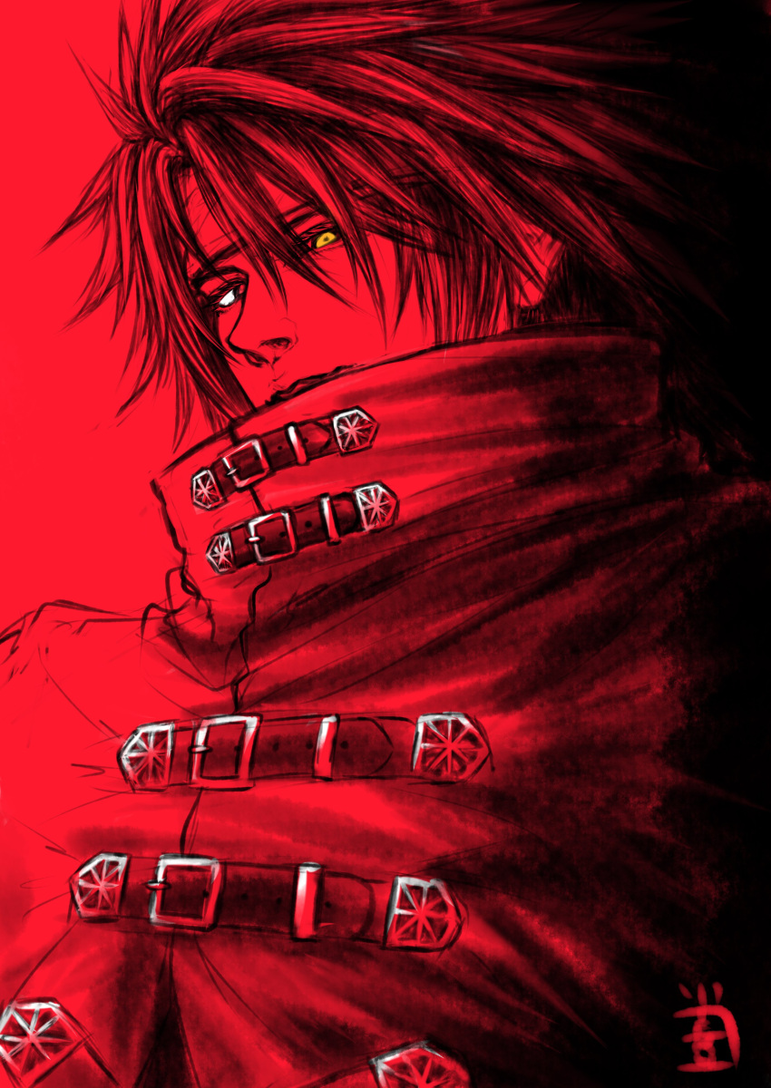 1boy absurdres aterumichino belt belt_buckle black_hair buckle cloak closed_mouth final_fantasy final_fantasy_vii final_fantasy_vii_rebirth final_fantasy_vii_remake hair_between_eyes headband highres long_hair looking_at_viewer male_focus multiple_belts red_background red_cloak red_eyes red_headband red_theme solo spiky_hair two-tone_eyes upper_body vincent_valentine yellow_eyes