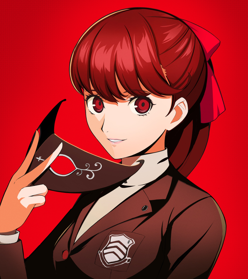1girl absurdres black_jacket bow grey_sweater grin hair_bow highres hisato_nago holding holding_mask jacket long_hair long_sleeves looking_at_viewer mask persona persona_5 persona_5_the_royal ponytail portrait red_background red_bow red_eyes redhead school_uniform shuujin_academy_school_uniform smile solo sweater yoshizawa_kasumi