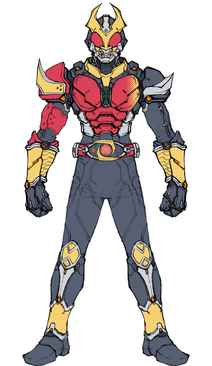 1boy absurdres agito_(sword_form) altering_(agito) armor asymmetrical_armor belt bodysuit compound_eyes full_body gold_horns helmet highres horns kamen_rider kamen_rider_agito kamen_rider_agito_(series) looking_at_viewer male_focus mask pauldrons red_armor red_eyes rider_belt shoulder_armor solo standing tokusatsu zd19990214