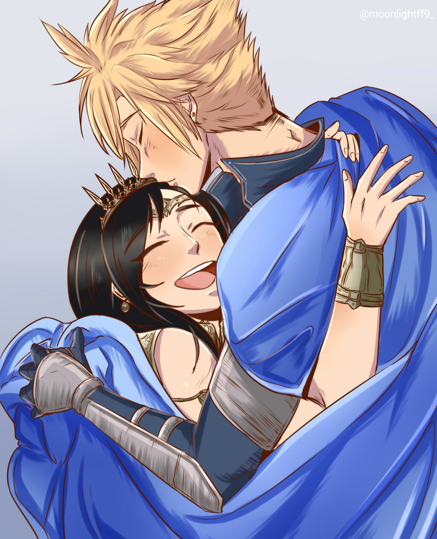 1boy 1girl bare_shoulders black_hair blonde_hair blue_cape blue_jacket blush bracelet cape circlet closed_eyes cloud_strife commentary couple crown earrings english_commentary final_fantasy final_fantasy_vii final_fantasy_vii_rebirth final_fantasy_vii_remake gradient_background highres hug jacket jewelry long_hair moonlightff9 official_alternate_costume open_mouth princess_rosa_costume short_hair smile spiky_hair stud_earrings teeth tiara tifa_lockhart twitter_username upper_body upper_teeth_only