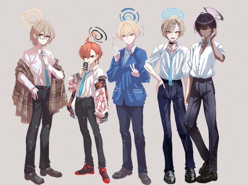 5boys absurdres ahoge akane_(blue_archive) aqua_necktie asuna_(blue_archive) black-framed_eyewear black_hair blonde_hair blue_archive blue_cardigan brown_hair brown_shawl cardigan cleaning_&amp;_clearing_(blue_archive) commentary_request double_v full_body fumino5jyo genderswap genderswap_(ftm) glasses halo highres jacket karin_(blue_archive) loafers looking_at_viewer male_focus multiple_boys multiple_girls necktie neru_(blue_archive) orange_hair school_uniform shawl shirt shirt_tucked_in shoes short_hair simple_background sneakers sukajan toki_(blue_archive) v white_shirt
