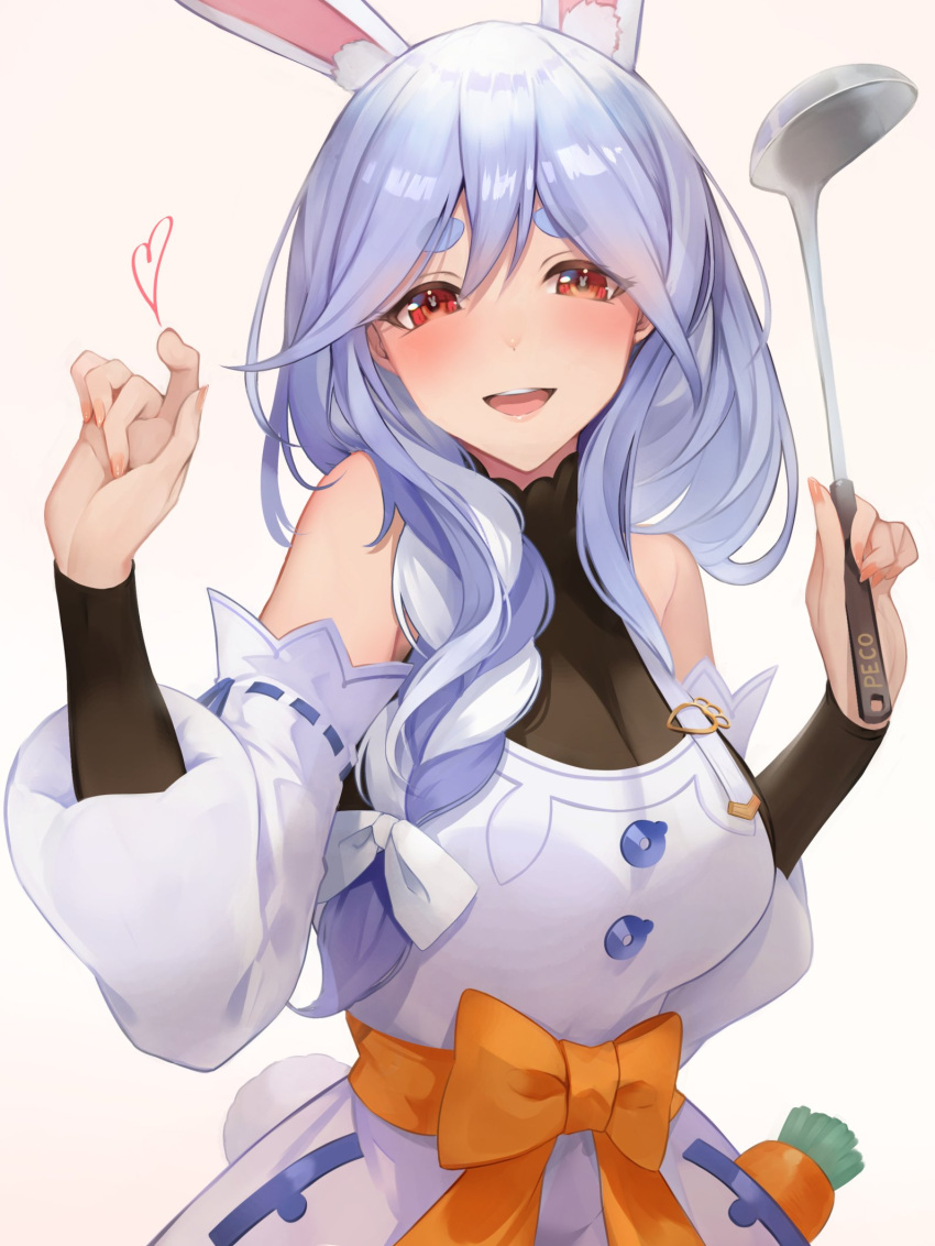 1girl animal_ear_fluff animal_ears apron blue_hair blush braid braided_ponytail breasts highres hololive long_hair looking_at_viewer mature_female multicolored_hair omoti_(1201208) open_mouth pekomama rabbit_ears rabbit_girl red_eyes short_eyebrows smile solo soup_ladle teeth thick_eyebrows upper_teeth_only virtual_youtuber white_hair