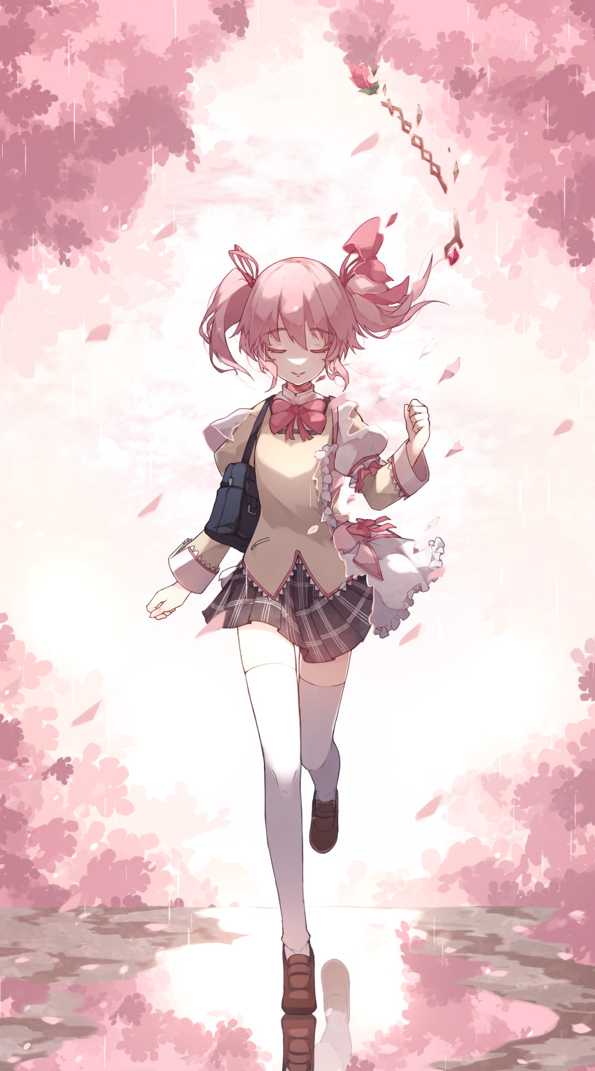 1girl absurdres bag black_skirt bow bowtie brown_footwear cherry_blossoms chiroru_(cheese-roll) clenched_hand closed_eyes commentary day dual_persona english_commentary facing_viewer falling_petals full_body hair_ribbon hand_up highres jacket juliet_sleeves kaname_madoka loafers long_sleeves magical_girl mahou_shoujo_madoka_magica mahou_shoujo_madoka_magica_(anime) mitakihara_school_uniform outdoors petals pink_bow pink_bowtie pink_hair plaid plaid_skirt puffy_sleeves reflection ribbon running school_bag school_uniform shoes short_hair short_twintails skirt smile solo straight-on thigh-highs transformation twintails white_thighhighs yellow_jacket