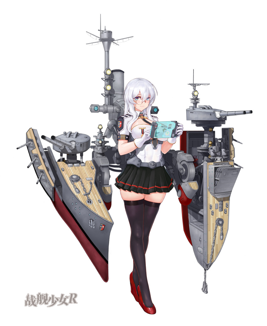 1girl absurdres black_skirt black_thighhighs blue_eyes blush breasts chenche-jun coat_of_arms hair_between_eyes high_heels highres large_breasts leotard long_bangs long_hair looking_at_viewer medal military_uniform miniskirt monocle official_art pleated_skirt red_footwear rigging schleswig-holstein_(warship_girls_r) shiny_clothes shiny_legwear shiny_skin simple_background skindentation skirt smile solo tablet_pc thigh-highs uniform warship_girls_r white_background white_hair white_leotard