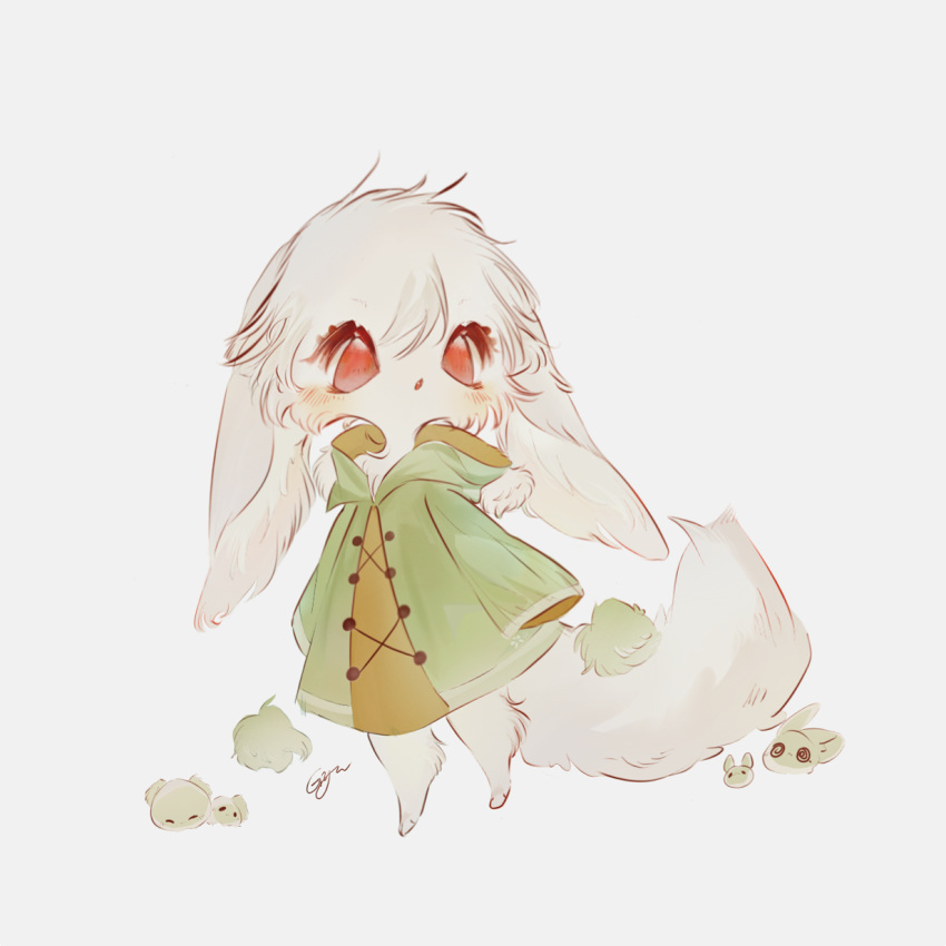 1girl :o animal_ears bad_bcy_id bad_id bare_legs cross-laced_coat deformed dress eyelashes floppy_ears full_body furry furry_female green_hood guaiyang highres hood hood_down hooded_coat looking_to_the_side orange_dress orange_hood original parted_lips rabbit rabbit_ears red_eyes signature simple_background solo two-sided_hood white_background