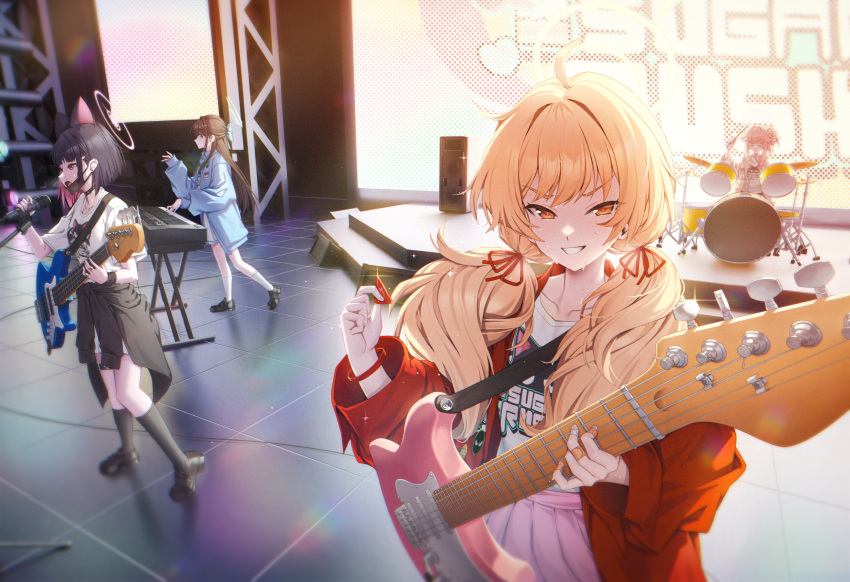 4girls ahoge airi_(band)_(blue_archive) airi_(blue_archive) animal_ears black_hair blonde_hair blue_archive blue_jacket blush cat_ears colored_inner_hair drum electric_guitar extra_ears green_eyes green_halo grin guitar hair_ornament hairclip halo highres holding holding_instrument instrument jacket kazusa_(band)_(blue_archive) kazusa_(blue_archive) keyboard_(instrument) long_hair long_sleeves low_twintails multicolored_hair multiple_girls natsu_(band)_(blue_archive) natsu_(blue_archive) official_alternate_costume open_clothes open_jacket open_mouth pink_hair pink_halo pink_skirt pleated_skirt red_eyes red_jacket shirt short_hair skirt smile sseli twintails white_shirt white_skirt yellow_eyes yellow_halo yellow_jacket yoshimi_(band)_(blue_archive) yoshimi_(blue_archive)
