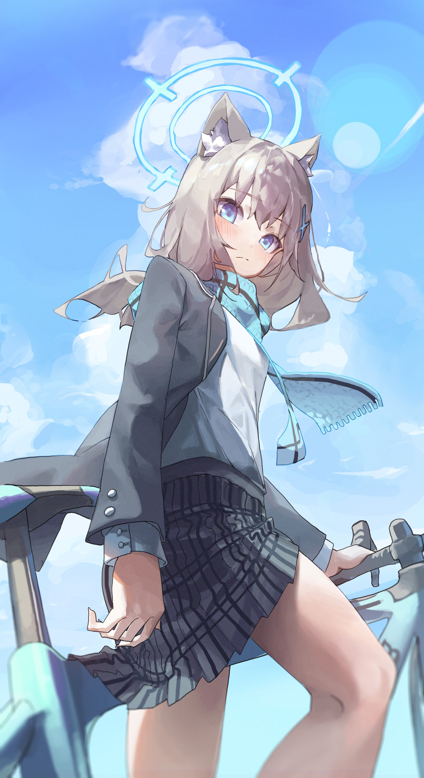 1girl absurdres animal_ear_fluff animal_ears bicycle blue_archive blue_eyes blue_halo blue_scarf blue_sky blush closed_mouth clouds commentary_request day feet_out_of_frame frown grey_skirt halo highres hone_(hone_art) jacket lens_flare long_sleeves looking_at_viewer open_clothes open_jacket outdoors plaid plaid_skirt scarf school_uniform shiroko_(blue_archive) shirt skirt sky solo standing white_shirt wolf_ears