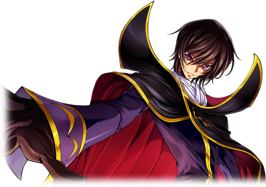 1boy arm_at_side artist_request ascot black_cape black_gloves black_hair cape coat code_geass code_geass:_lost_stories cropped_torso game_cg gloves gold_trim hair_between_eyes happy high_collar highres lelouch_vi_britannia looking_at_viewer male_focus non-web_source official_art outstretched_arm parted_lips purple_coat reaching reaching_towards_viewer short_hair sidelocks simple_background smile solo standing teeth transparent_background two-tone_cape underlighting upper_body v-shaped_eyebrows violet_eyes white_ascot zero_(code_geass)