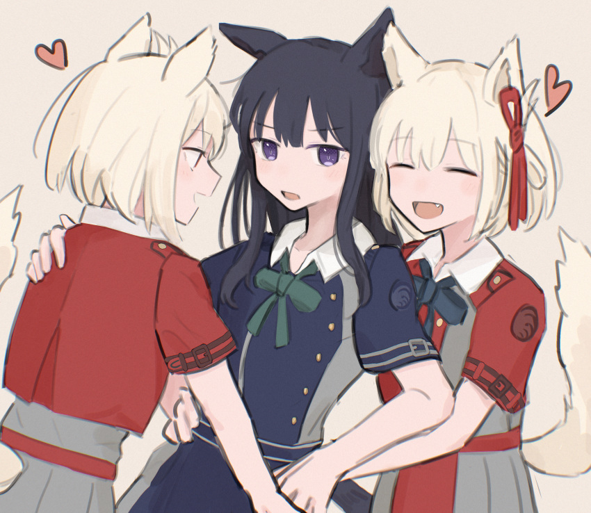 3girls absurdres animal_ears black_hair blonde_hair blue_dress blue_ribbon blush brown_background cat_ears cat_girl cat_tail clone closed_eyes collared_dress commentary_request dog_ears dog_girl dog_tail dress fang girl_sandwich green_ribbon hair_ribbon hand_on_another's_shoulder hand_on_another's_waist highres inoue_takina kemonomimi_mode long_hair lycoris_recoil lycoris_uniform masaru_(kises_j) medium_hair multiple_girls neck_ribbon nishikigi_chisato one_side_up open_mouth red_dress red_eyes red_ribbon ribbon sandwiched short_sleeves simple_background smile tail upper_body violet_eyes yuri