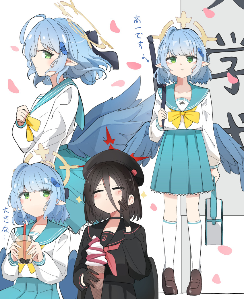 2girls absurdres aged_down bag bandaid bandaid_hair_ornament beret black_gloves black_wings blue_archive blue_hair blue_wings bubble_tea commentary_request food gloves green_eyes hair_ornament halo hasumi_(blue_archive) hat highres ice_cream mine_(blue_archive) multiple_girls pleated_skirt pointy_ears red_halo school_bag school_uniform skirt unli_free weapon weapon_on_back wind wings yellow_halo