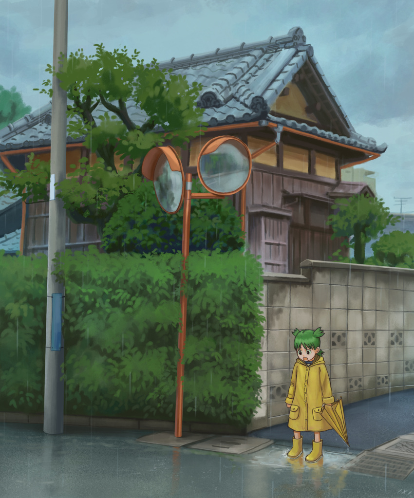 1girl :d absurdres black_eyes boots building clouds cloudy_sky green_hair highres holding holding_umbrella house koiwai_yotsuba nixie_(440) open_mouth outdoors puddle quad_tails rain rubber_boots scenery sky smile solo traffic_mirror tree umbrella urban utility_pole yellow_footwear yellow_raincoat yotsubato!