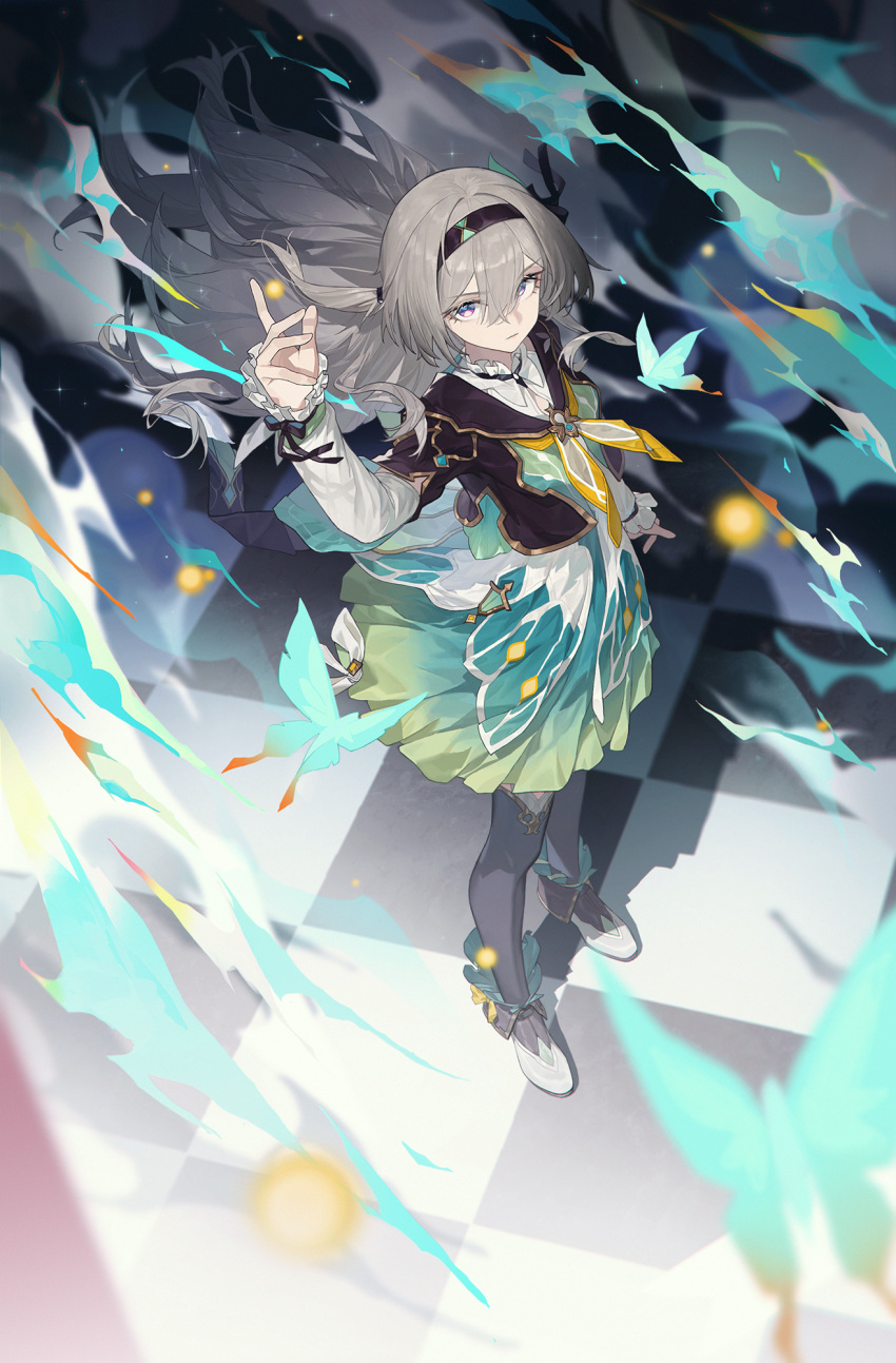1girl aqua_skirt arm_up black_hairband black_jacket black_thighhighs checkered_floor closed_mouth cropped_jacket fire firefly_(honkai:_star_rail) floating_hair from_above full_body grey_hair hair_between_eyes hair_intakes hairband hand_up highres honkai:_star_rail honkai_(series) jacket lettereast looking_at_viewer looking_up neckerchief orange_neckerchief shadow shirt skirt solo thigh-highs two-tone_eyes white_footwear white_shirt yellow_neckerchief
