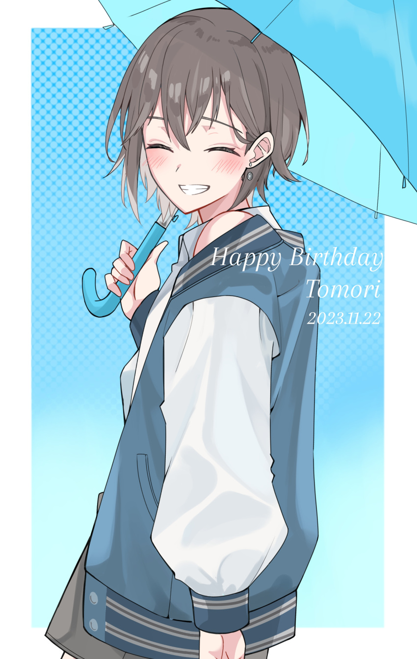 1girl absurdres bang_dream! bang_dream!_it's_mygo!!!!! blue_background blue_sweater_vest blue_umbrella blush brown_hair closed_eyes commentary_request earrings grin highres holding holding_umbrella jewelry long_sleeves looking_at_viewer nanami_(nunnun_0410) shirt short_hair smile solo sweater_vest takamatsu_tomori umbrella upper_body white_shirt