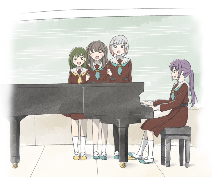 4girls :d :o aqua_neckerchief black_eyes blunt_bangs brown_dress brown_hair chalkboard check_commentary closed_eyes colored_inner_hair commentary_request double-parted_bangs dress fujishima_megumi green_hair grey_hair hair_ornament hairclip hasu_no_sora_school_uniform highres holding_another's_arm instrument link!_like!_love_live! loafers long_hair long_sleeves looking_ahead looking_at_another looking_to_the_side love_live! multicolored_hair multiple_girls music neckerchief oogami_sachi open_mouth otomune_kozue playing_instrument playing_piano pleated_dress ponytail purple_hair redhead sailor_collar sailor_dress school_uniform shoes short_hair sidelocks sitting smile staff_(music) standing star_(symbol) star_hair_ornament streaked_hair tottsan two_side_up vignetting virtual_youtuber white_footwear white_sailor_collar winter_uniform yellow_neckerchief yugiri_tsuzuri