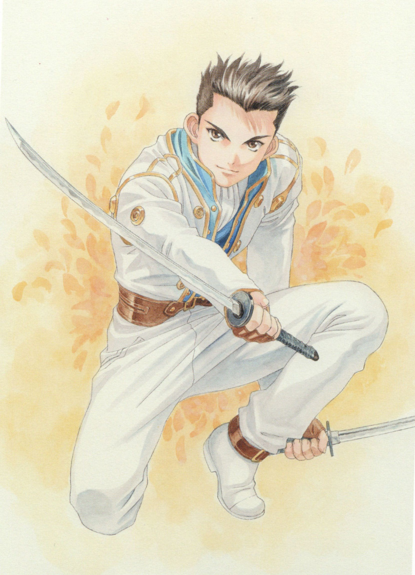 1boy black_hair brown_eyes brown_gloves closed_mouth dual_wielding fighting_stance fingerless_gloves gloves gold_buttons highres holding holding_sword holding_weapon jacket katana long_sleeves looking_at_viewer male_focus matsubara_hidenori military military_uniform nose official_art on_one_knee oogami_ichirou pants parted_lips pocket sakura_taisen sega shadow shoes short_hair simple_background smile solo solo_focus spiky_hair sword third-party_source traditional_media uniform weapon white_footwear white_jacket white_pants white_sleeves yellow_background