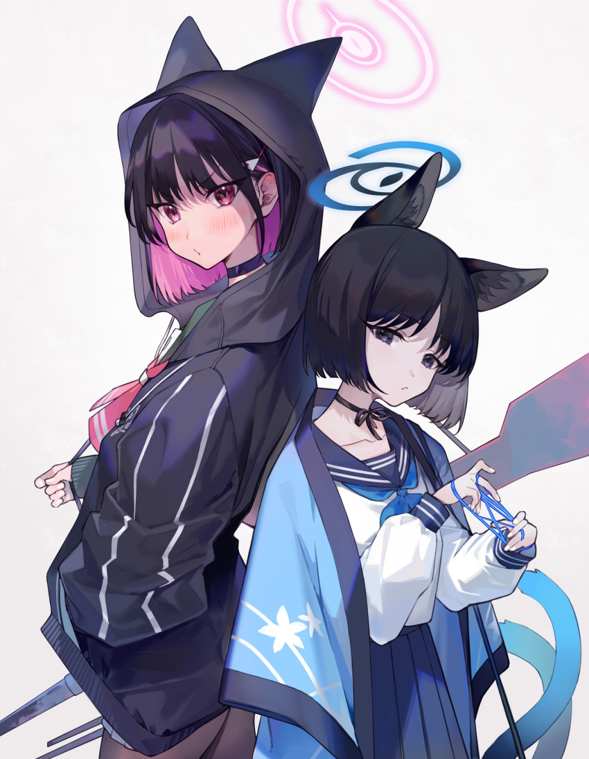 2girls amana_(pocketkey) animal_ear_fluff animal_ear_hood animal_ears back-to-back black_choker black_eyes black_hair black_hoodie black_pantyhose blue_archive blue_neckerchief blue_sky blush cat's_cradle cat_day cat_ears choker collarbone colored_inner_hair cowboy_shot extra_ears gun hair_ornament hairclip halo hand_in_pocket haori haori_on_shoulders highres hood hood_up hoodie japanese_clothes kazusa_(blue_archive) kikyou_(blue_archive) long_sleeves looking_at_viewer multicolored_hair multiple_girls neckerchief pantyhose pink_eyes pink_hair pink_neckerchief ribbon_choker sailor_collar sky weapon