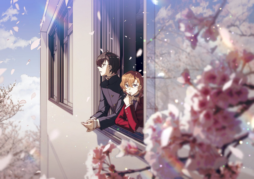 1boy 1girl :t ahoge arm_support black_eyes black_hair black_jacket blazer blue_eyes blue_necktie building buttons cherry_blossoms chewing classroom clouds cloudy_sky collared_jacket collared_shirt food gakuran highres holding holding_food jacket kleinlight leaning_out_of_window long_sleeves looking_ahead looking_at_viewer looking_outside medium_hair necktie open_mouth open_window orange_hair original own_hands_together photoshop_(medium) profile rainbow red_jacket reflection school school_uniform shirt short_hair sidelocks sky upper_body white_shirt window