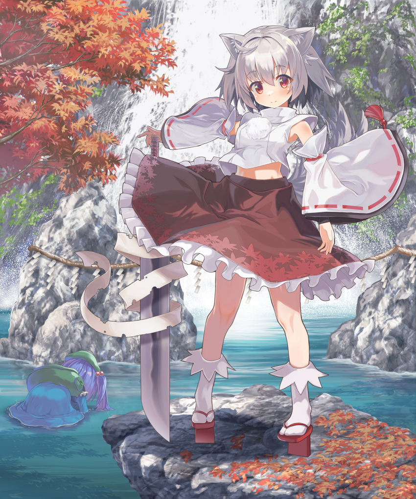 2girls animal_ears autumn_leaves backpack bag bent_over black_skirt blue_dress blue_hair closed_mouth clothes_lift day detached_sleeves dress frilled_skirt frills full_body geta green_hat grey_hair hair_bobbles hair_ornament hat highres holding holding_sword holding_weapon inubashiri_momiji kawashiro_nitori leaf_print looking_at_viewer maple_leaf_print medium_dress midriff_peek multiple_girls naox outdoors pom_pom_(clothes) print_skirt red_eyes red_footwear red_skirt ribbon-trimmed_sleeves ribbon_trim rock shirt short_hair skirt skirt_lift sleeveless sleeveless_shirt smile socks standing sword tabi tail tengu-geta touhou tree turtleneck twintails two-tone_skirt water waterfall weapon white_shirt white_sleeves white_socks wind wind_lift wolf_ears wolf_girl wolf_tail