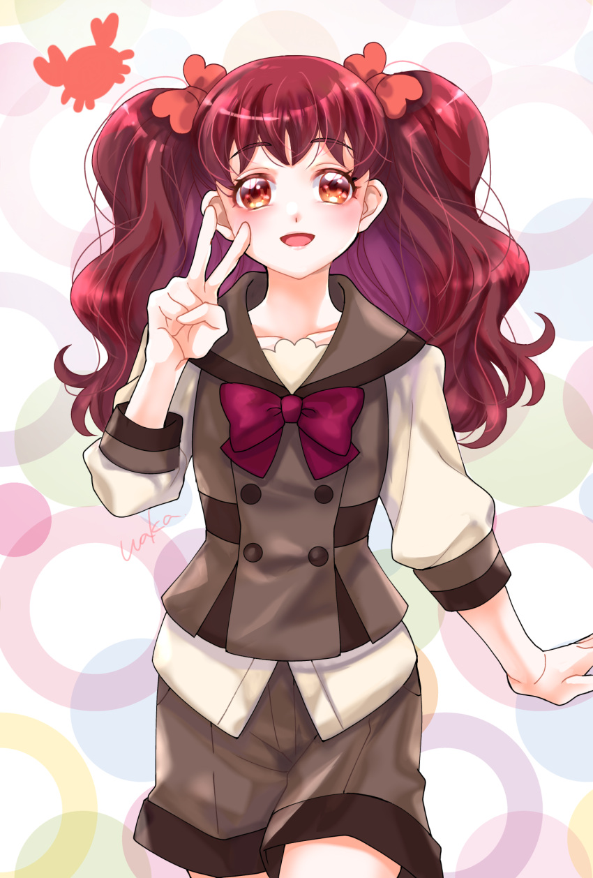 1girl artist_name blouse bow bowtie brown_sailor_collar brown_shorts brown_vest cowboy_shot crab hair_bow half-closed_eyes highres kanie_(precure) looking_at_viewer open_mouth precure purple_bow purple_bowtie red_bow red_eyes redhead sailor_collar school_uniform second_wangan_school_uniform shirt short_shorts shorts signature smile solo standing twintails v vest waka_(negronoir) white_shirt wonderful_precure!