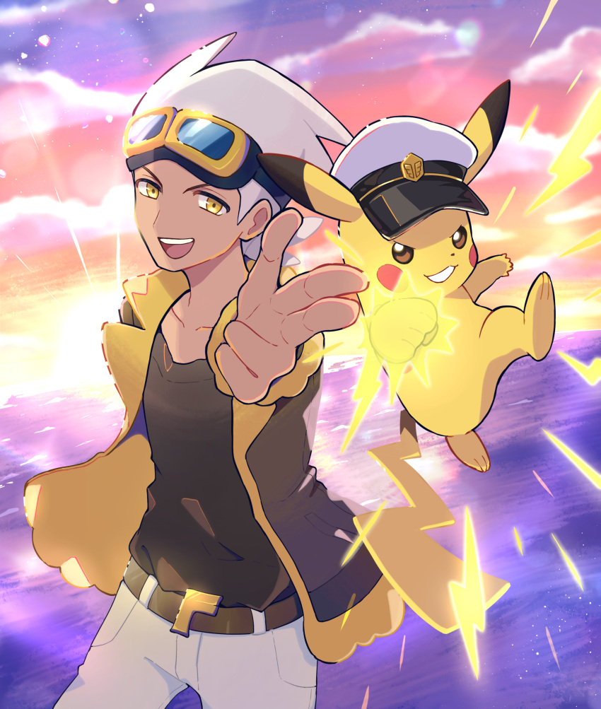 1boy :d absurdres belt belt_buckle brown_belt brown_jacket buckle captain_pikachu clouds commentary_request finger_gun friede_(pokemon) fur-trimmed_jacket fur_trim goggles happy haru_(haruxxe) highres jacket looking_at_viewer male_focus open_clothes open_jacket open_mouth outdoors pants pikachu pokemon pokemon_(anime) pokemon_horizons shirt sky smile sunrise teeth tongue upper_teeth_only white_hair yellow_eyes