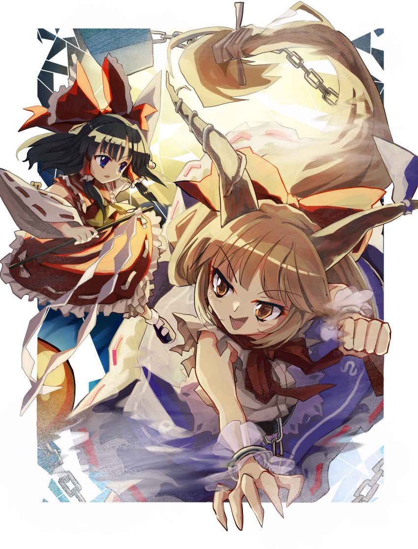 2girls absurdres ascot black_hair blonde_hair blue_eyes bow chain commentary_request cuffs detached_sleeves frilled_bow frilled_hair_tubes frills gohei hair_bow hair_tubes hakurei_reimu highres holding holding_gohei horn_ornament horn_ribbon horns ibuki_suika immaterial_and_missing_power light_blush long_hair matsukuzu multiple_girls oni open_mouth purple_skirt red_bow red_skirt ribbon ribbon-trimmed_sleeves ribbon_trim skirt skirt_set sweatdrop touhou yellow_ascot