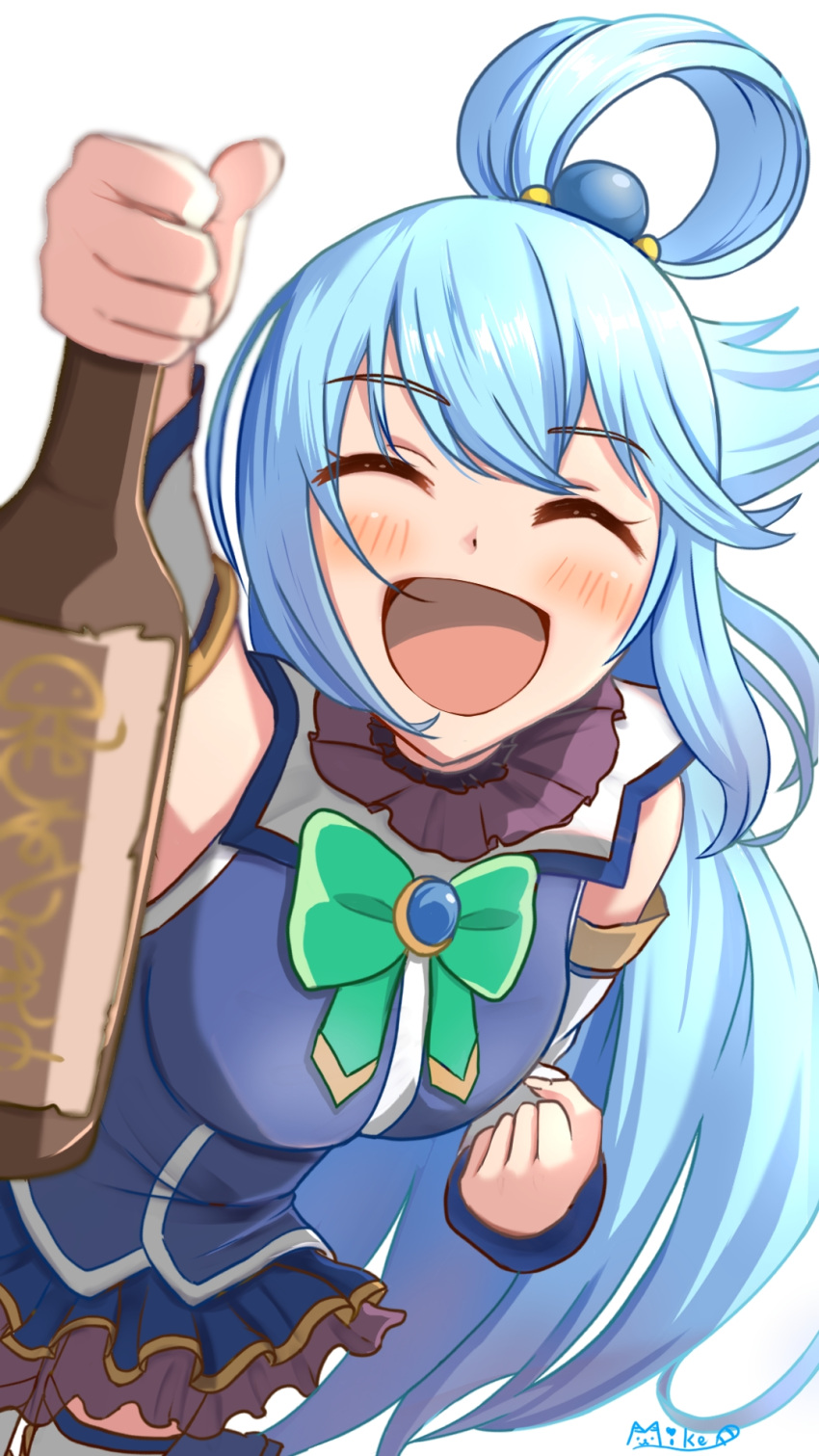 1girl aqua_(konosuba) bare_shoulders blue_eyes blue_footwear blue_hair blue_shirt blue_skirt blue_thighhighs blush boots bottle bow bowtie breasts closed_eyes detached_sleeves green_bow green_bowtie hair_between_eyes hair_ornament hair_rings highres holding holding_bottle kono_subarashii_sekai_ni_shukufuku_wo! long_hair looking_at_viewer mike81277424 open_mouth shirt simple_background single_hair_ring skirt smile smiley_face solo thigh-highs thigh_boots very_long_hair watermark wine_bottle