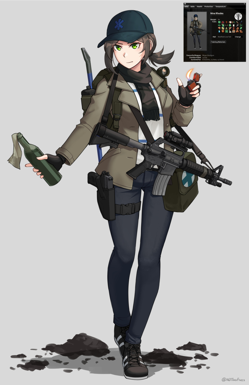 1girl absurdres bag baseball_cap black_footwear black_hat black_pants bottle brown_hair brown_jacket brown_scarf closed_mouth colt_commando commentary_request fire fringe_trim full_body green_eyes grey_background gun handgun hat highres holding holding_bottle holster holstered jacket lighter low_ponytail molotov_cocktail ndtwofives open_clothes open_jacket pants ponytail project_zomboid scarf shadow shirt shoes simple_background standing striped_clothes striped_shirt thigh_holster weapon white_shirt