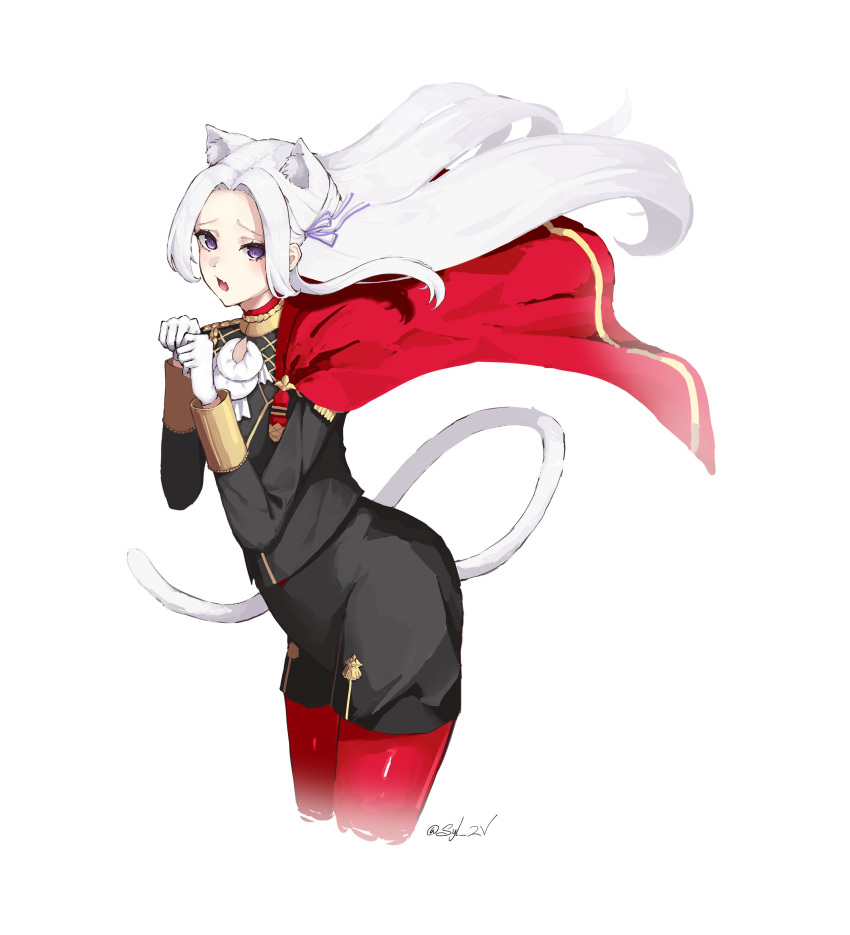 1girl absurdres animal_ear_fluff animal_ears cape cat_ears cat_tail commentary cropped_legs edelgard_von_hresvelg english_commentary eyelashes fire_emblem fire_emblem:_three_houses furrowed_brow garreg_mach_monastery_uniform gloves hair_intakes highres kemonomimi_mode long_hair open_mouth pantyhose paw_pose red_cape red_pantyhose simple_background solo syl_2v tail violet_eyes white_background white_gloves white_hair