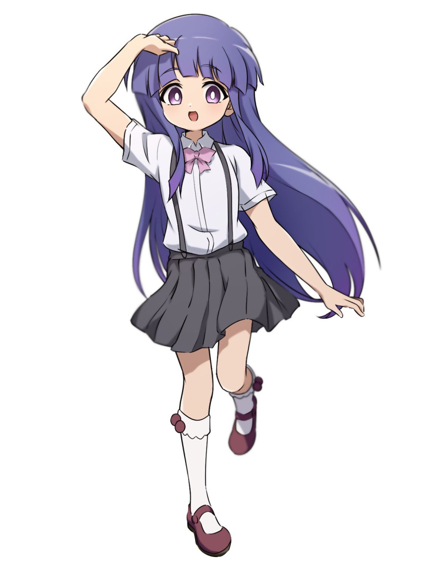1girl :d arm_at_side arm_up blurry bow bowtie bright_pupils collared_shirt commentary_request depth_of_field dress_shirt floating_hair full_body furude_rika grey_skirt happy highres higurashi_no_naku_koro_ni kneehighs light_blush long_hair looking_at_viewer mary_janes miniskirt nishizuki_shino open_mouth pink_bow pink_bowtie pleated_skirt purple_hair red_footwear shirt shoes short_sleeves simple_background skirt smile socks solo standing standing_on_one_leg straight_hair suspender_skirt suspenders tareme very_long_hair violet_eyes white_background white_pupils white_shirt white_socks