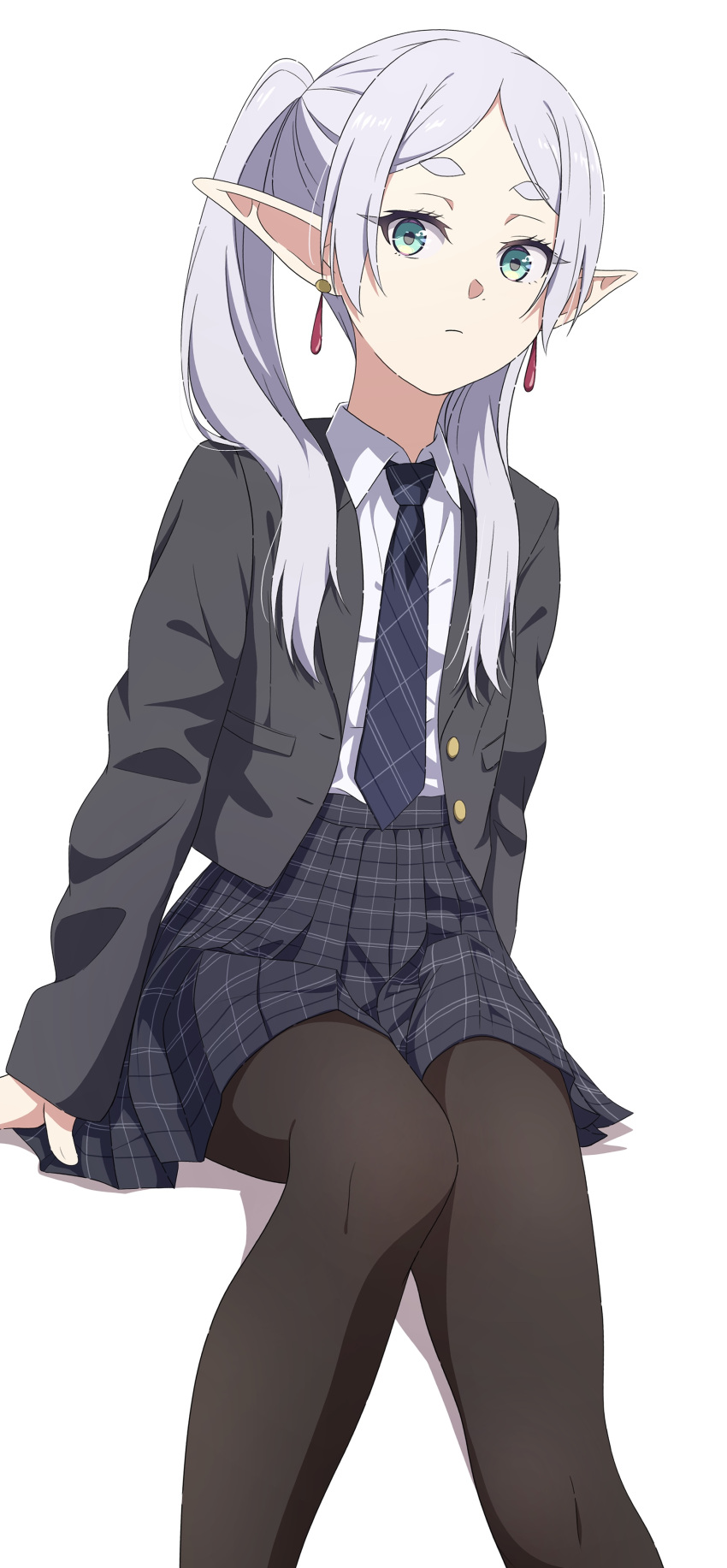 1girl absurdres black_pantyhose camui1104 collared_shirt earrings elf expressionless frieren green_eyes grey_hair highres jacket jewelry long_hair looking_at_viewer necktie open_clothes open_jacket pantyhose plaid plaid_skirt pointy_ears shirt simple_background sitting skirt solo sousou_no_frieren twintails uniform white_background