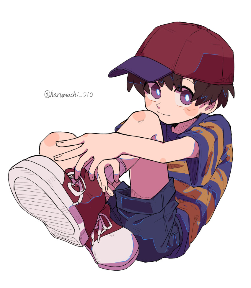 1boy artist_name baseball_cap black_hair child closed_mouth full_body haru-cho hat highres looking_at_viewer male_focus mother_(game) mother_2 ness_(mother_2) shirt shoes short_hair short_sleeves shorts signature simple_background sitting smile sneakers socks solo striped_clothes striped_shirt t-shirt twitter_username violet_eyes white_background