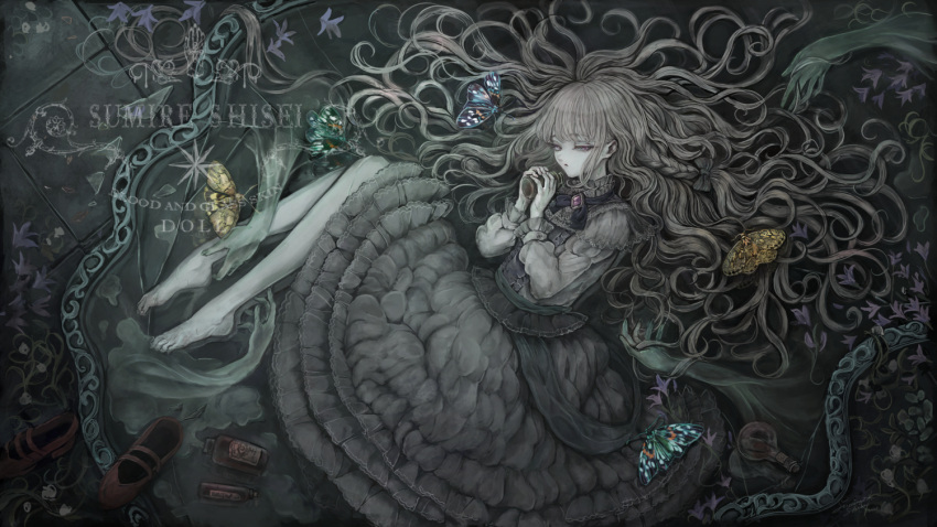 1girl barefoot bottle bow bowtie brooch bug butterfly commentary_request dress expressionless flask full_body ghost_hands grey_dress grey_hair hair_spread_out half-closed_eyes holding holding_bottle jewelry lolita_fashion long_hair lying on_side original pale_skin pink_eyes round-bottom_flask solo sumire_shisei unworn_footwear very_long_hair wavy_hair