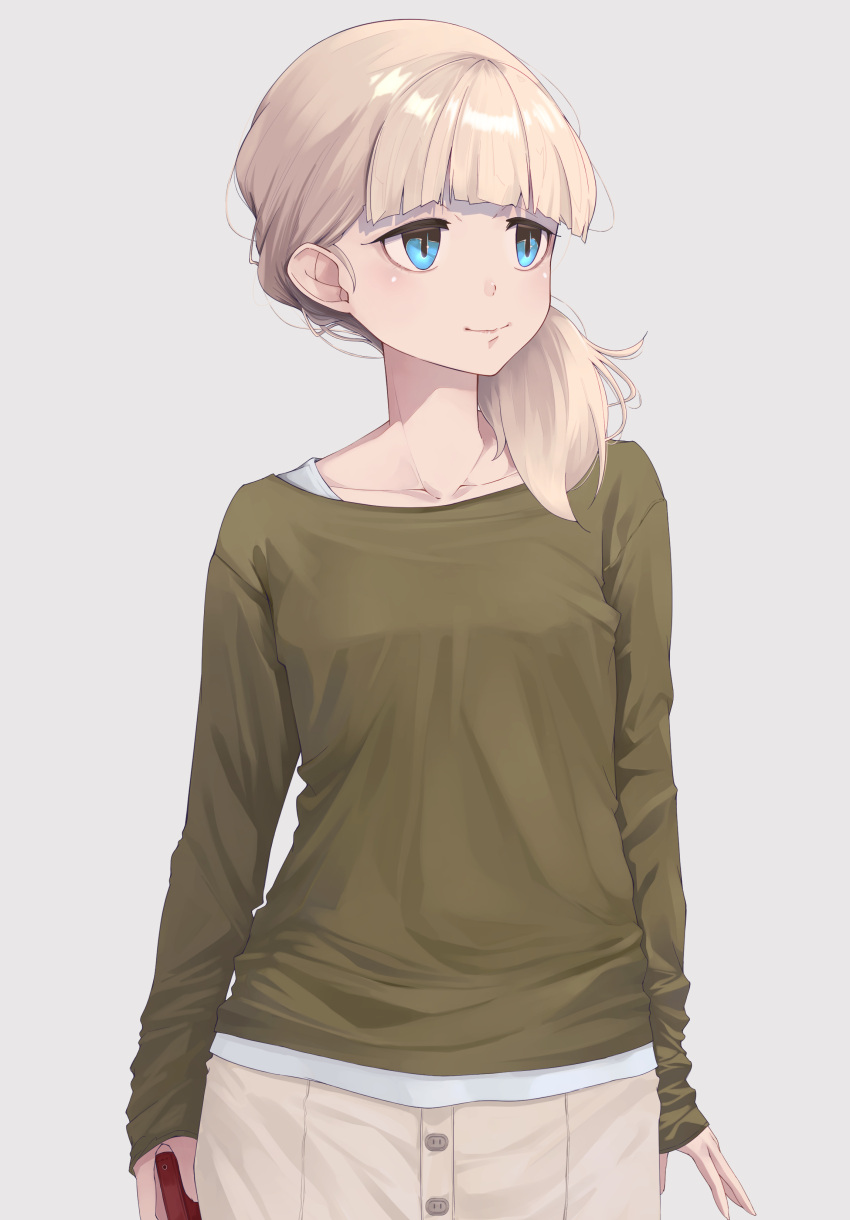 1girl absurdres alternate_costume blonde_hair blue_eyes blunt_bangs collarbone green_shirt green_t-shirt grey_background hair_over_shoulder highres kantai_collection long_hair looking_to_the_side neko_no_hige shin'you_(kancolle) shirt simple_background skirt smile solo standing white_skirt