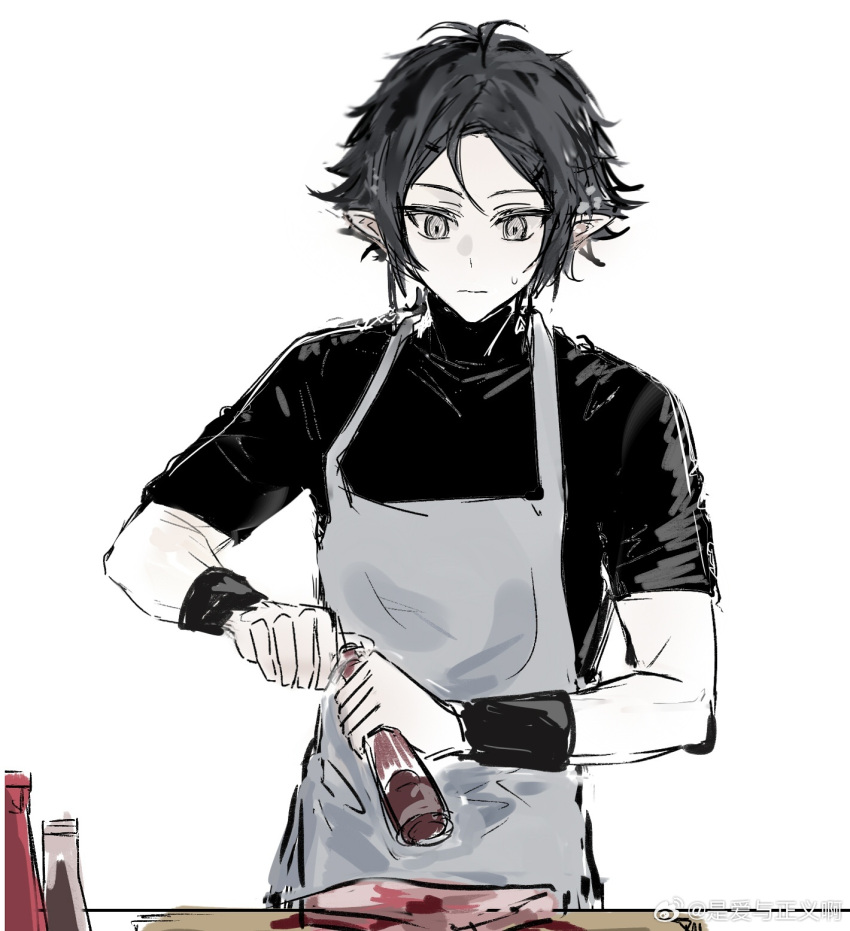 1boy apron arknights black_hair black_shirt black_wristband chinese_commentary closed_mouth commentary_request cooking cowboy_shot grey_apron grey_eyes highres holding looking_down male_focus partially_colored pointy_ears shi_ai_yu_zhengyi_a shirt short_hair short_sleeves simple_background sketch solo standing sweatdrop watermark weibo_logo white_background wristband zuo_le_(arknights)