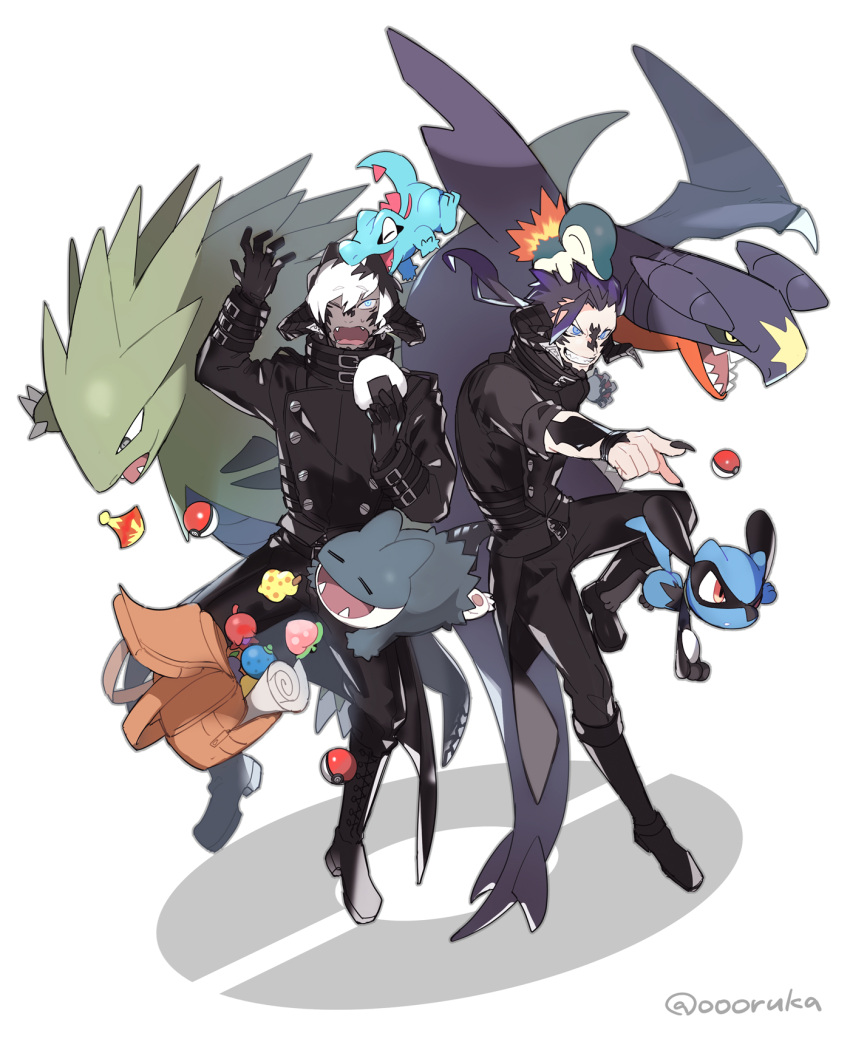 2boys arm_up artist_name au_ra berry_(pokemon) biting black_coat black_footwear black_hair black_horns black_nails black_pants blue_eyes boots coat collared_coat colored_tips cyndaquil fangs final_fantasy final_fantasy_xiv fingernails food full_body garchomp grin hand_up hashtag-only_commentary high_collar highres holding holding_food horns karuo_(oooruka_cr) long_hair long_sleeves looking_at_viewer low_horns male_focus multicolored_hair multiple_boys munchlax onigiri open_mouth pants pointing poke_ball pokemon pokemon_(creature) ponytail purple_hair riolu sharp_fingernails short_hair simple_background smile standing standing_on_one_leg totodile twitter_username tyranitar warrior_of_light_(ff14) white_background white_hair