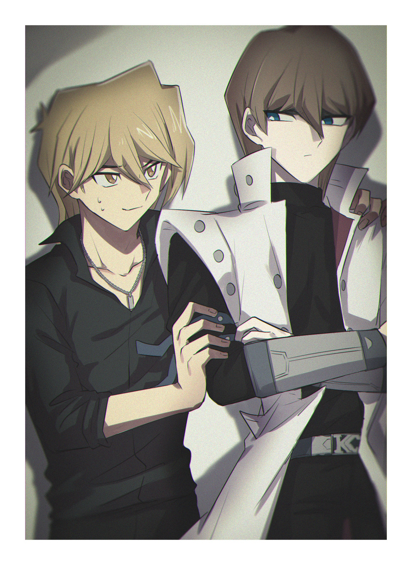 2boys absurdres arm_around_shoulder belt black_shirt blonde_hair blue_eyes blue_necktie border brown_eyes brown_hair coat collarbone collared_shirt crossed_arms hair_between_eyes hand_on_another's_arm height_difference high_collar highres jewelry jonouchi_katsuya kaiba_seto long_sleeves looking_at_another looking_at_viewer male_focus multiple_boys necklace necktie one_eye_closed open_clothes open_coat saito0614 shirt short_hair sleeveless sleeveless_coat smile standing sweatdrop upper_body v white_border white_coat white_shirt yu-gi-oh! yu-gi-oh!_duel_monsters