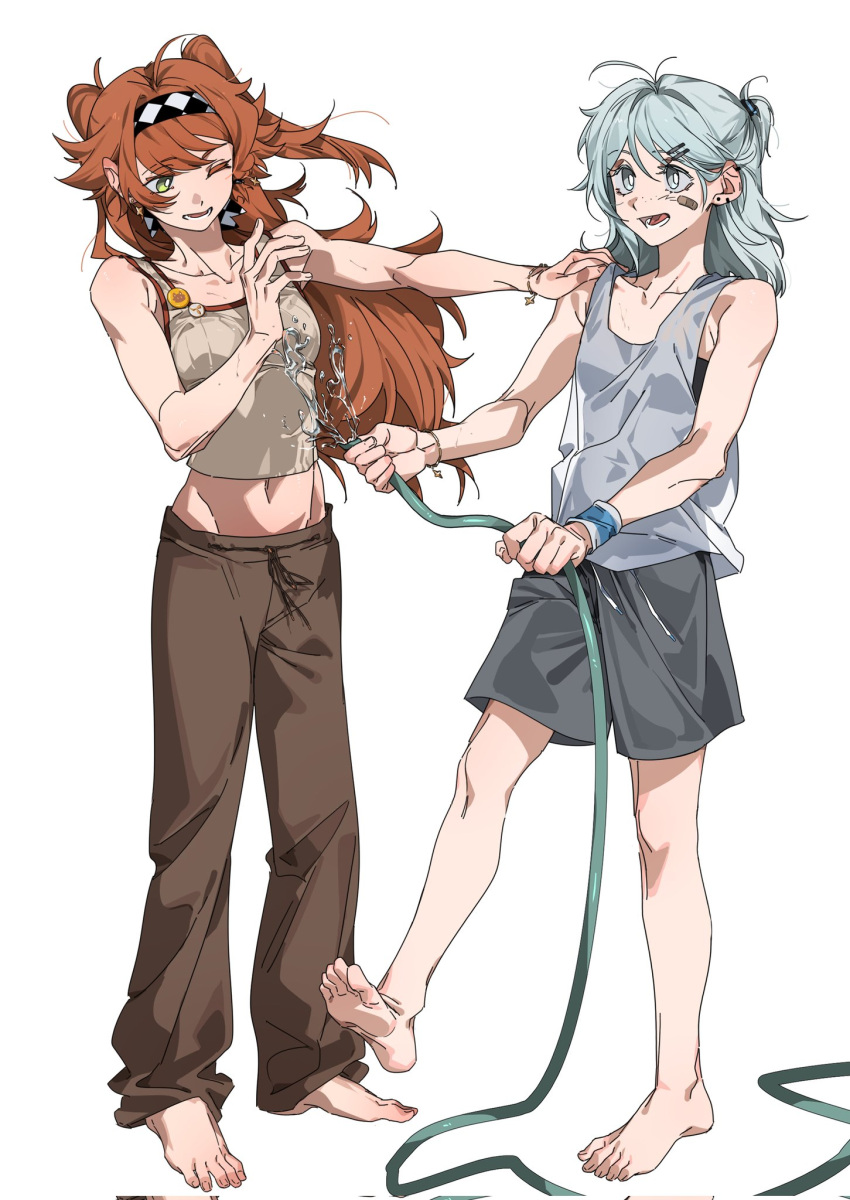 2girls alternate_hairstyle bandaid bandaid_on_face bare_arms barefoot black_bra bra bracelet bright_pupils brown_pants checkered_hairband commentary corrupted_twitter_file ear_piercing earrings freckles full_body green_eyes grey_eyes grey_hair grey_shorts grey_tank_top hair_ornament hairclip hand_on_another's_shoulder highres holding holding_hose hose jewelry long_hair molu_stranger multiple_girls one_eye_closed open_mouth orange_hair pants piercing ponytail reverse:1999 shorts simple_background smile sonetto_(reverse:1999) splashing stud_earrings tank_top two_side_up underwear vertin_(reverse:1999) water white_background white_pupils wristband