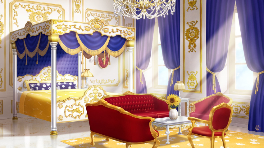 armchair azuma_hatori bed bedroom blanket canopy_bed chair chandelier couch curtains day flower fringe_trim highres indoors lamp light_rays marble_floor muntins no_humans official_art paw_print pillow pochiinu_(utaite) prince_kingdom rug sunflower sunlight table vase window yellow_flower